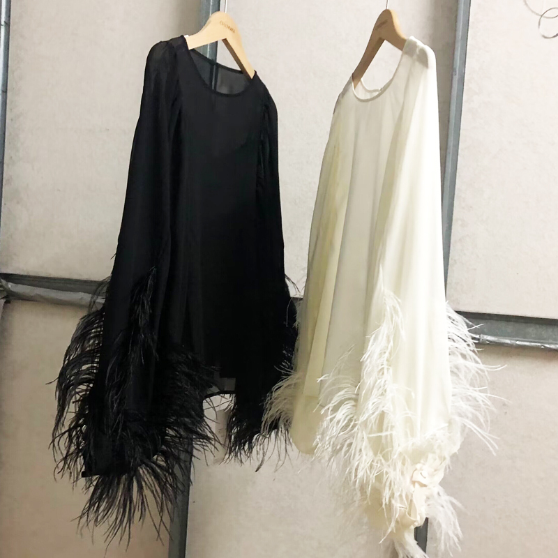Top-Quality French Mulberry Silk Ostrich Feather Lantern Long-Sleeve Sun-Protective Shirt for Women, Fairy-Like Silk Top with Camisole Two-Piece Set