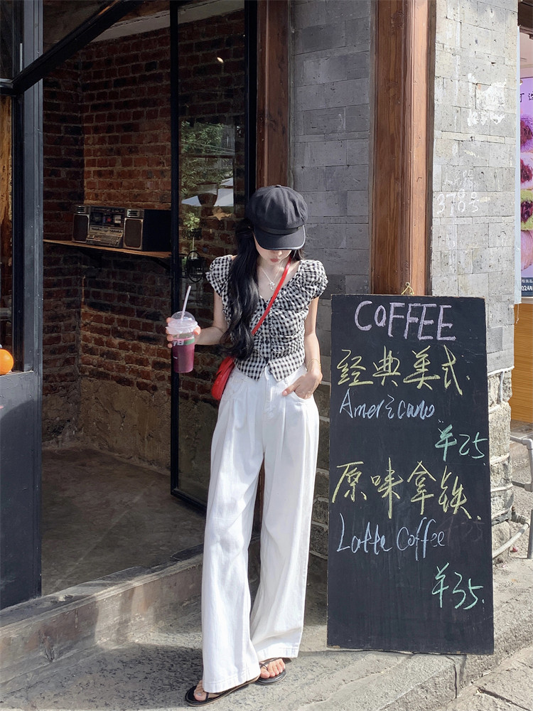 레트로 흑인과 백인 체크무늬 민소매 여성 셔츠 여름 새로운 디자인 센스 작은 대중 V넥 몸매 가꾸기 슬림해 보이는 쇼트 스타일 맨위 상세 이미지 14
