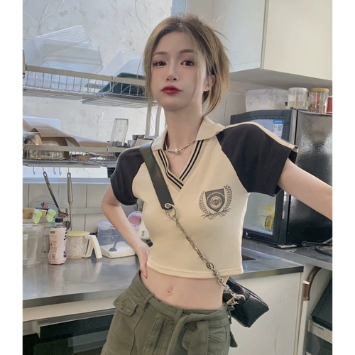 Летняя сексуальная короткая футболка polo, в американском стиле, V-образный вырез, короткий рукав, облегающий крой, европейский стиль