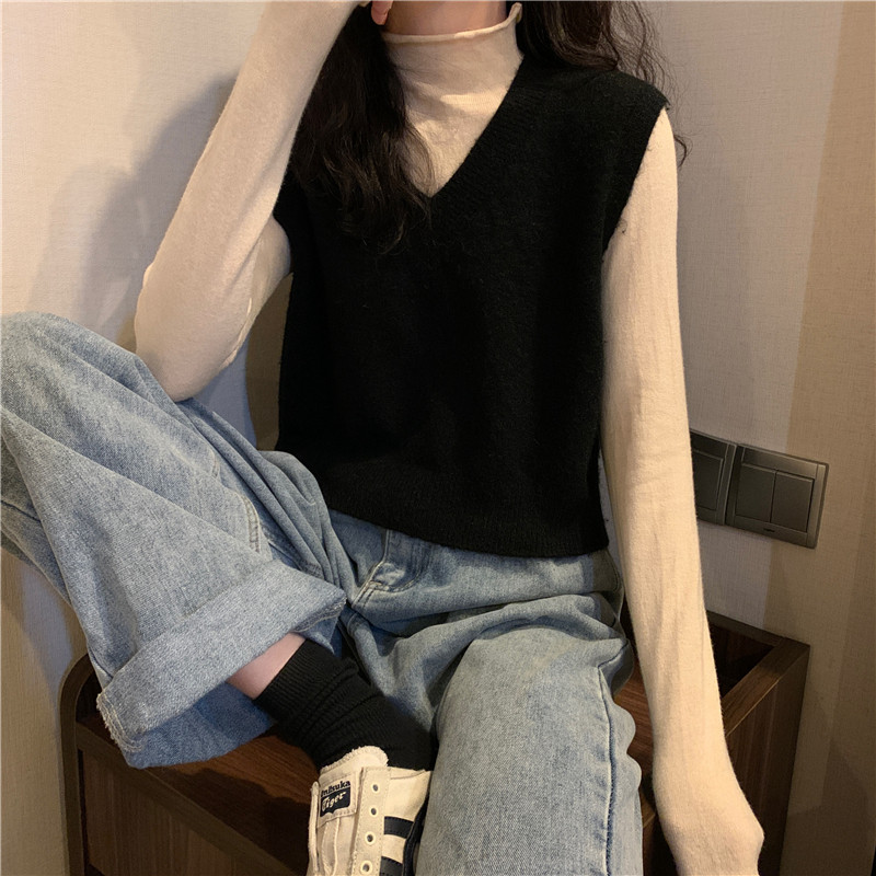 Женская жилетка 蓝色v领针织马甲女秋冬款外搭叠穿百搭坎肩无袖短款秋冬毛衣背心