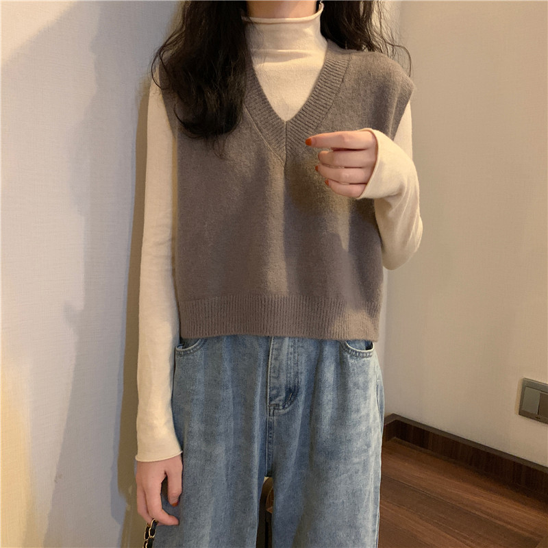 Женская жилетка 蓝色v领针织马甲女秋冬款外搭叠穿百搭坎肩无袖短款秋冬毛衣背心