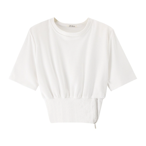 Белая короткая сексуальная футболка с молнией, свободный крой, на молнии, короткий рукав