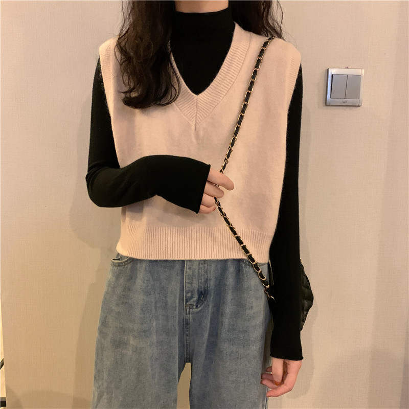 Женская жилетка 蓝色v领针织马甲女秋冬款外搭叠穿百搭坎肩无袖短款秋冬毛衣背心