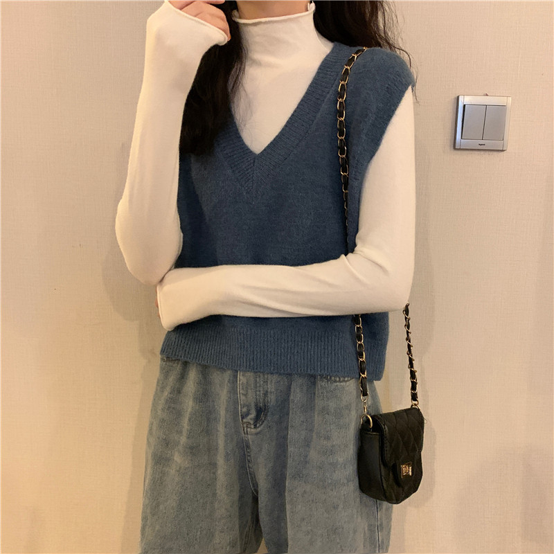 Женская жилетка 蓝色v领针织马甲女秋冬款外搭叠穿百搭坎肩无袖短款秋冬毛衣背心