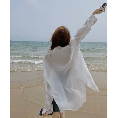 Белая цветная длинная летняя рубашка, шелковый шифоновый кардиган