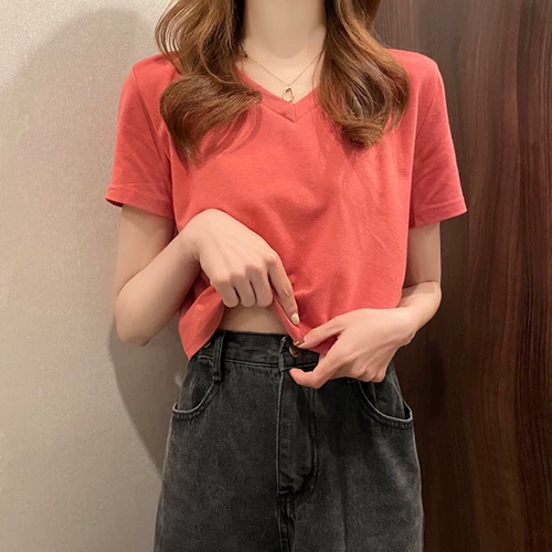 Tide, летняя короткая футболка для школьников, в корейском стиле, по фигуре, V-образный вырез, подходит для подростков