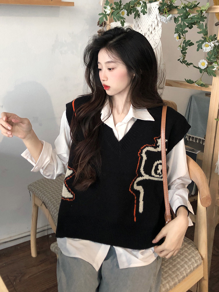 Женская жилетка v领背心针织马甲女秋季新款2025网红爆款叠穿宽松衬衫搭配两件套