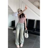 Джинсы, светлые осенние штаны, свободный прямой крой, высокая талия