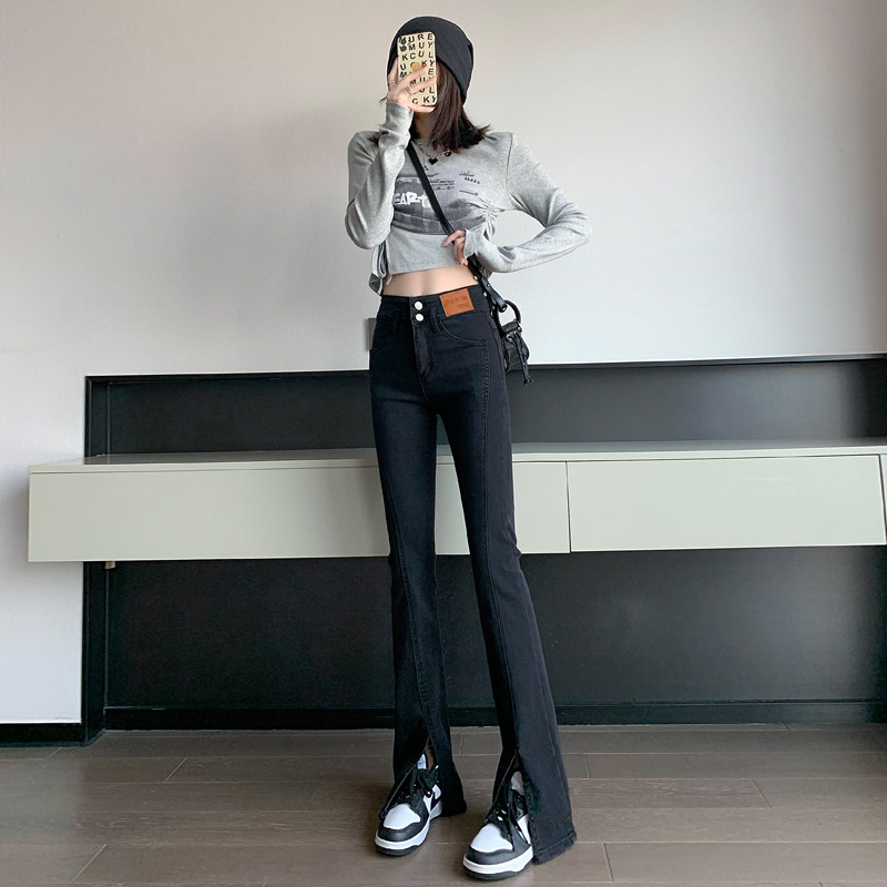 Black High Waist Microlao Jeans Woman 2022 Spring Summer Display Slim Open Fork Horn Pants Pituality Drag Long Pants