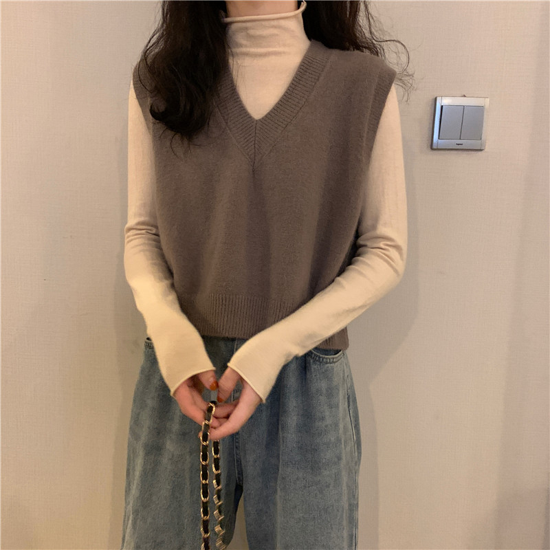 Женская жилетка 蓝色v领针织马甲女秋冬款外搭叠穿百搭坎肩无袖短款秋冬毛衣背心