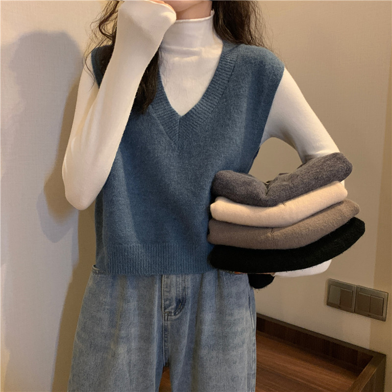 Женская жилетка 蓝色v领针织马甲女秋冬款外搭叠穿百搭坎肩无袖短款秋冬毛衣背心