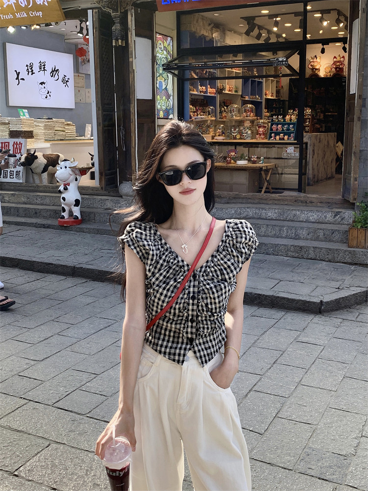레트로 흑인과 백인 체크무늬 민소매 여성 셔츠 여름 새로운 디자인 센스 작은 대중 V넥 몸매 가꾸기 슬림해 보이는 쇼트 스타일 맨위 상세 이미지 4