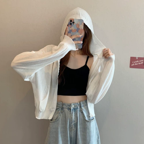 Лонгслив, кардиган, тонкая куртка, трикотажное шелковое короткое трикотажное платье с капюшоном, защита от солнца, в корейском стиле