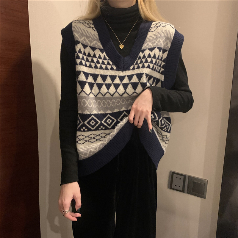 Waistband knitted waistcoat women's fashion 2021 spring retro loose v-neck contrast color Lingge sweater vest
