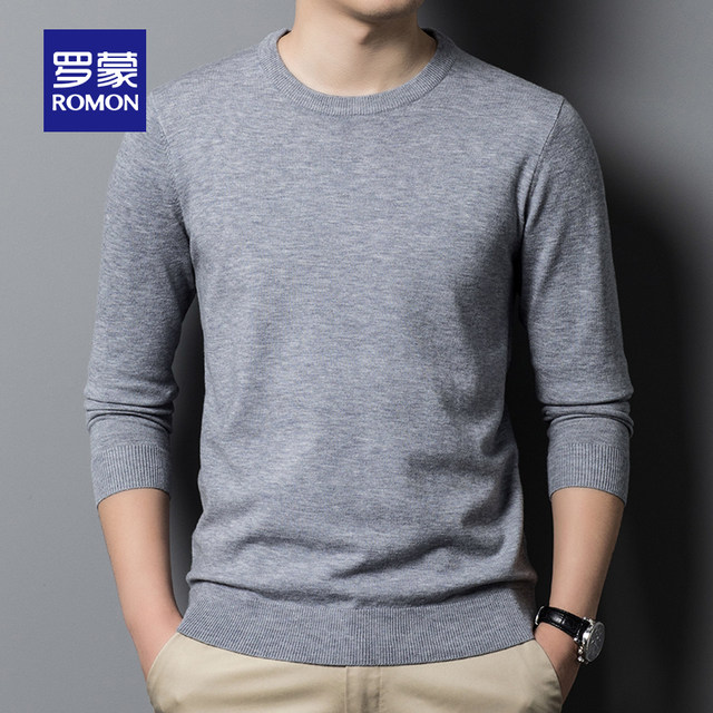 Romon men's casual round neck sweater 2023 autumn and winter versatile warm solid color sweater base layer