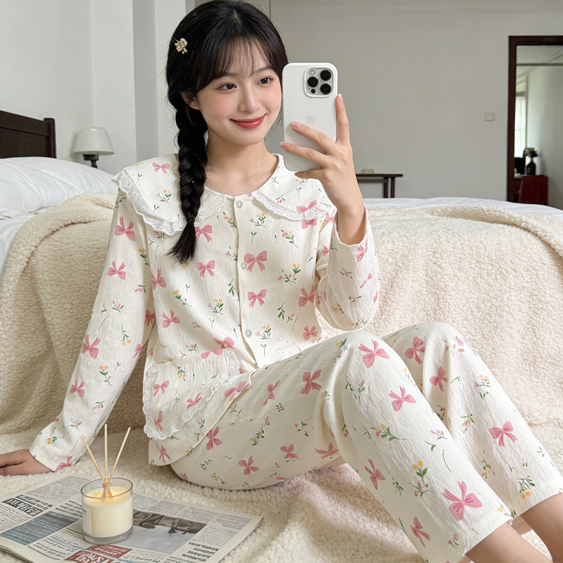 Sweet Style Bow Print Pajamas Cloud Cotton Long-Sleeved Home Wear Doll Collar Double Pocket Outerwear Thin Set