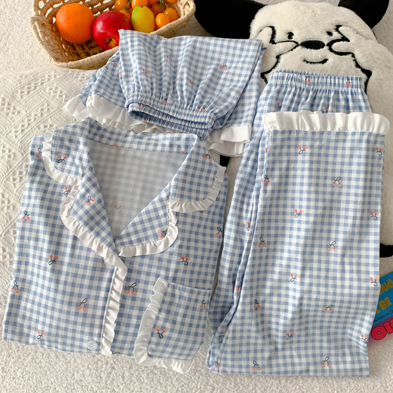 Fresh and Sweet Plaid Cherry Lace Imitation Cotton Pajamas for Girls, Three-Piece Home Wear Set, Comfortable and Can Be Worn Outside, Cardigan Style