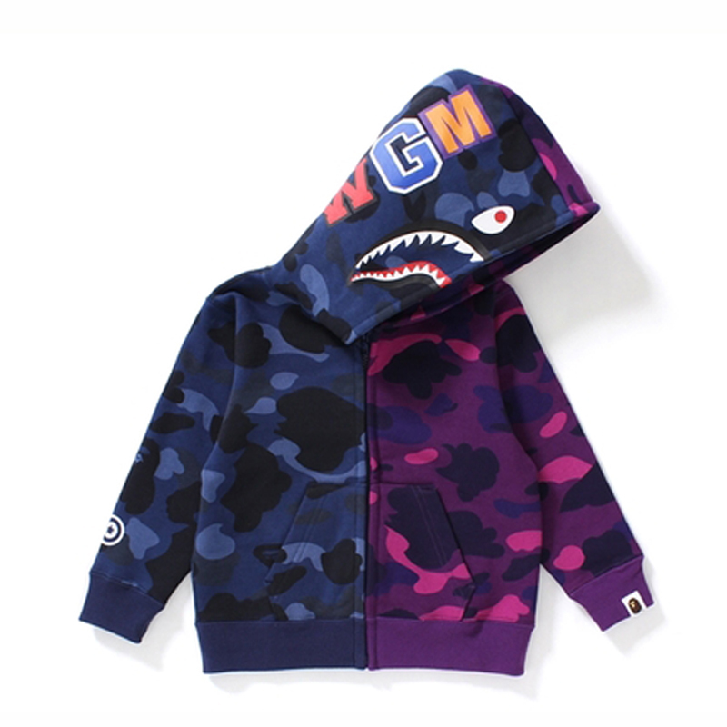 Japanese Trendy Brand Bape Autumn and Winter Camouflage Shark Jacket for Men, Women, and Children, Hooded Sweatshirt with Zipper for Older Children