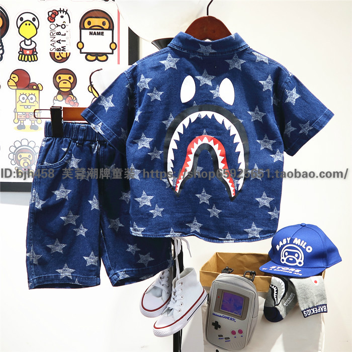 Fashionable Brand Bape Summer Shark Star All over Printed Thin Soft Denim Short-Sleeved Shirt Five-Point Shorts Men's and Women's Kidsren's Suit