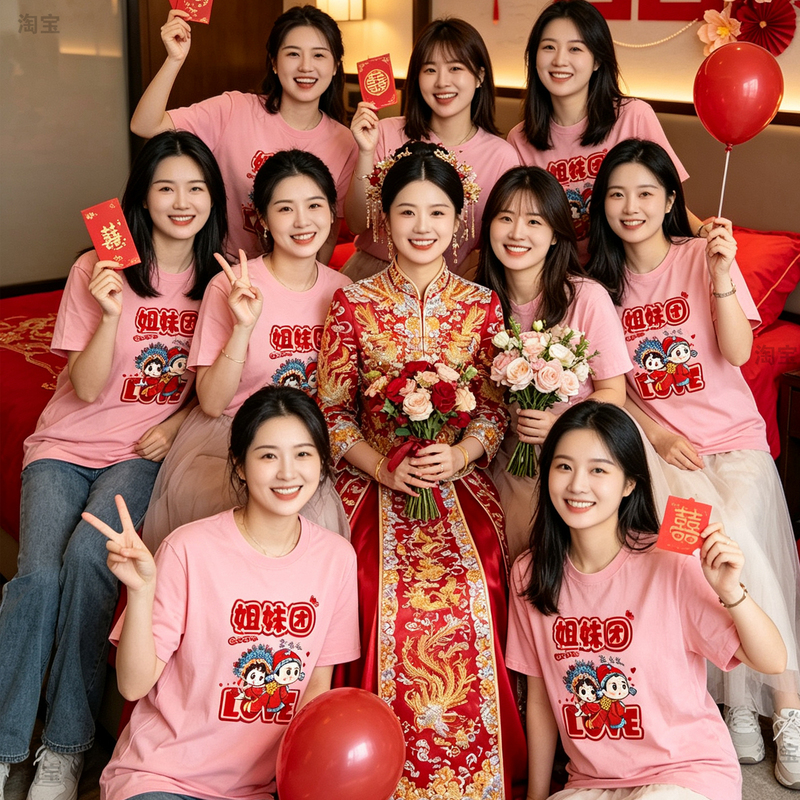 Pure Cotton Wedding Clothes with the Character for Happiness, Bridesmaid Sister Group Clothes, Escorting the Bride and Groom's Family, Best Friend Group Wedding, Short-Sleeved Pink T-Shirt Pure Cotton Wedding Clothes with the Character for Happiness, Bridesmaid Sister Group Clothes, Escorting the Bride and Groom's Family, Best Friend Group Wedding, Short-Sleeved Pink T-Shirt