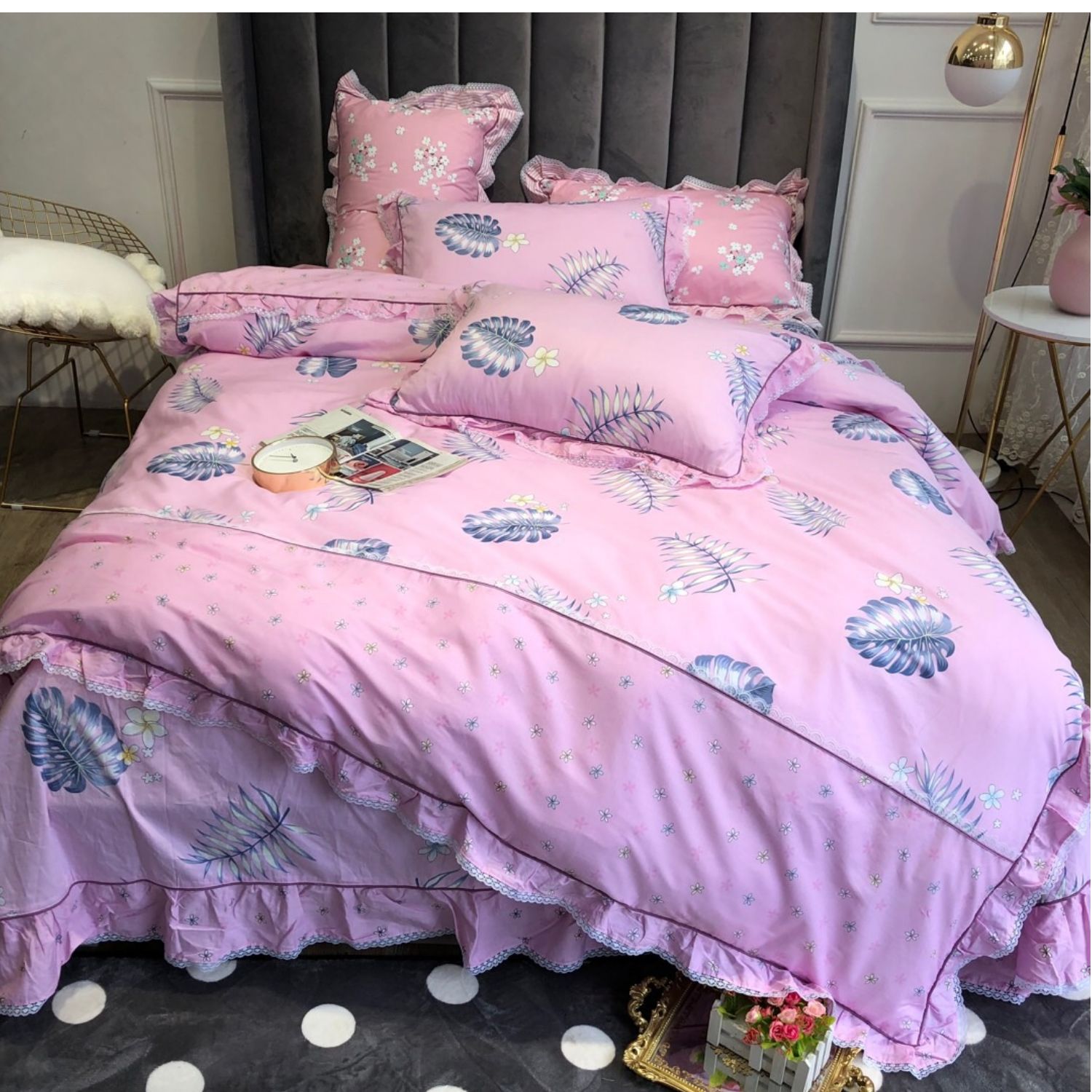 Bông cotton bốn mảnh mùa xuân và mùa hè gió mục vụ hoa nhỏ phiên bản Hàn Quốc với bộ đồ giường ren lưới màu đỏ đoạn 1,8m - Bộ đồ giường bốn mảnh chăn ga gối đệm hanvico giảm giá