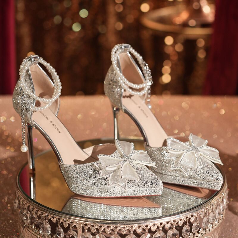 Shiny Glitter Bow Flower Pearl Chain High Heels Women's Wedding Banquet Prom Dress Shoes Hollow Pointed Toe Shiny Glitter Bow Flower Pearl Chain High Heels Women's Wedding Banquet Prom Dress Shoes Hollow Pointed Toe