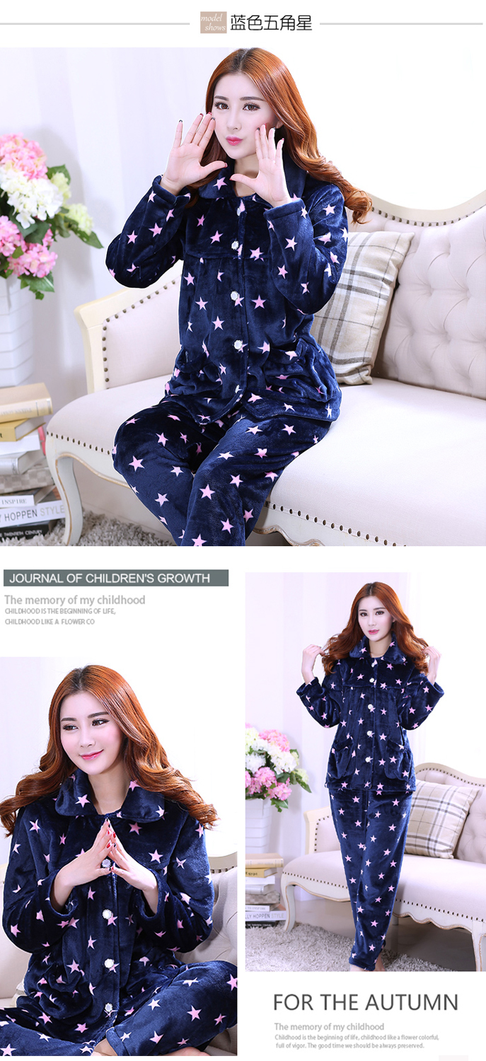 Đồ ngủ flannel dày phụ nữ mùa thu và mùa đông ấm áp XL lông cừu san hô phục vụ nhà dài tay phiên bản Hàn Quốc của bộ đồ nữ quan ao ngu cho nguoi cao tuoi