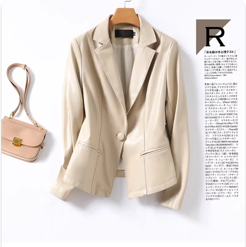 Genuine Leather Women's Short One-Button Slim-Fit Blazer with Suit Collar, New Spring and Autumn Haining Style, Plus-Size Sheepskin Jacket for Women