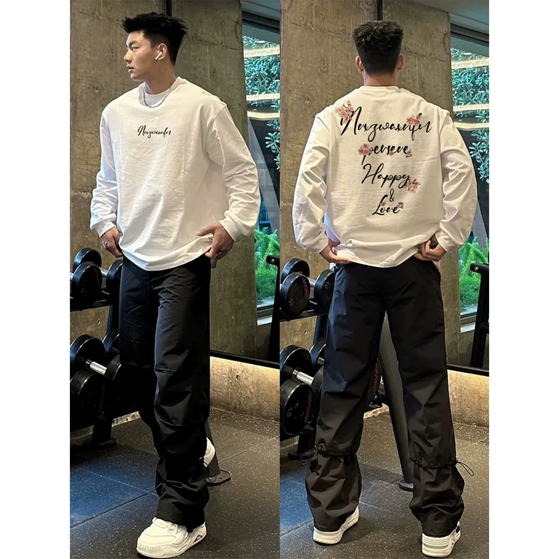 Autumn Men's Heavy-Duty White Long-Sleeve T-Shirt with Floral Letter Print on the Back, High Street Casual Base Shirt Top Autumn Men's Heavy-Duty White Long-Sleeve T-Shirt with Floral Letter Print on the Back, High Street Casual Base Shirt Top