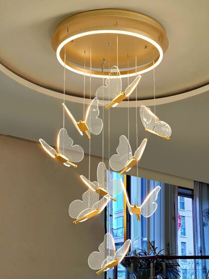 Nordic Lighting Fixtures for Duplex Buildings, Large Dining Rooms, Led Living Room Stair Chandeliers, Light Luxury Creative Internet-Famous Butterfly Art Chandeliers
