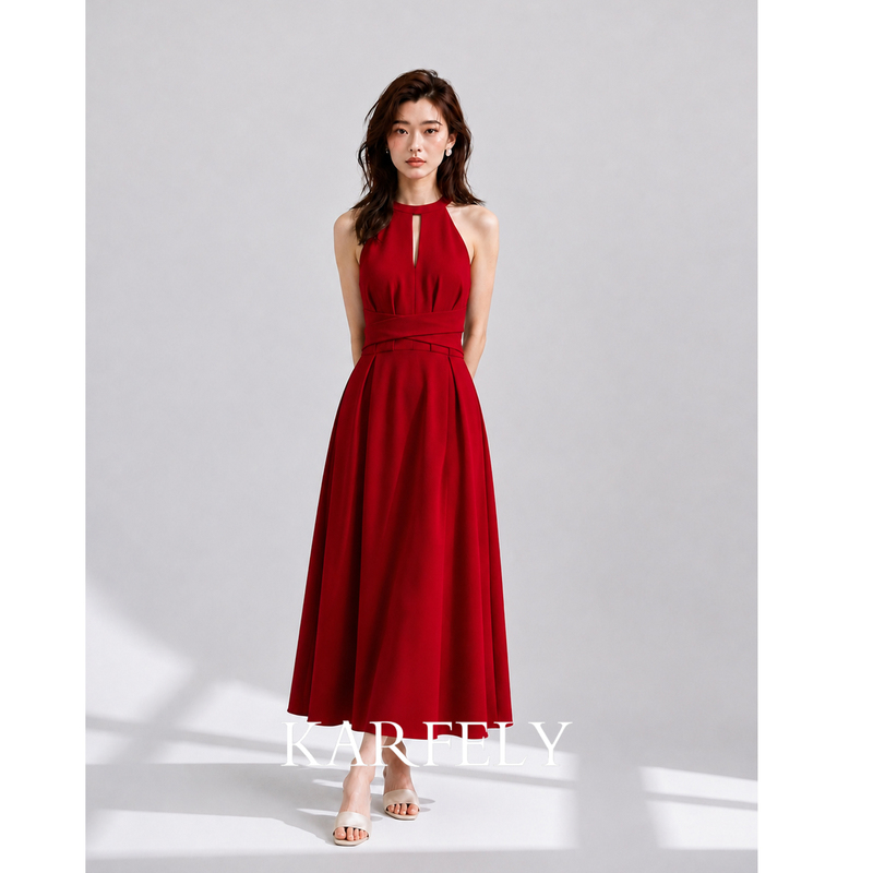 Karfely/ Imported Triacetate Fiber Dress for Women, Long Dress with Waist-Cinching Halter Neck, A-Line Dress with Tie, Off-Shoulder Red Dress Gown