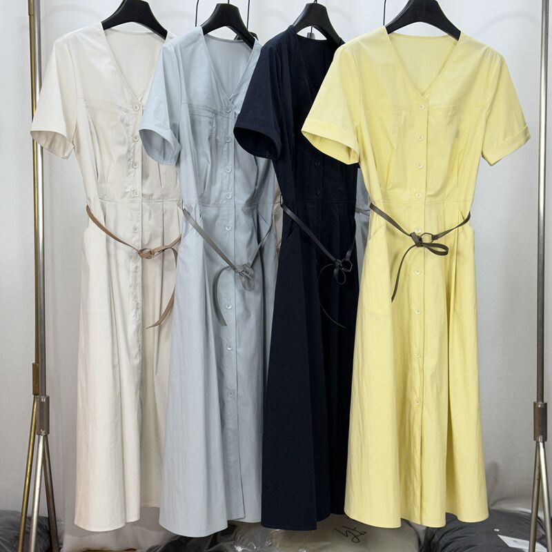 Boutique Brand 2026 New Summer Elegant Short-Sleeve Dress for Women, V-Neck High-Waisted Over-The-Knee Dress with Belt