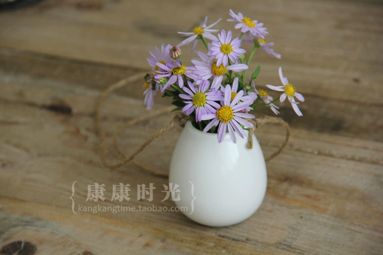 {康康 时} Bình treo màu trắng tinh khiết hình quả trứng với dây gai bằng gốm zakka - Vase / Bồn hoa & Kệ