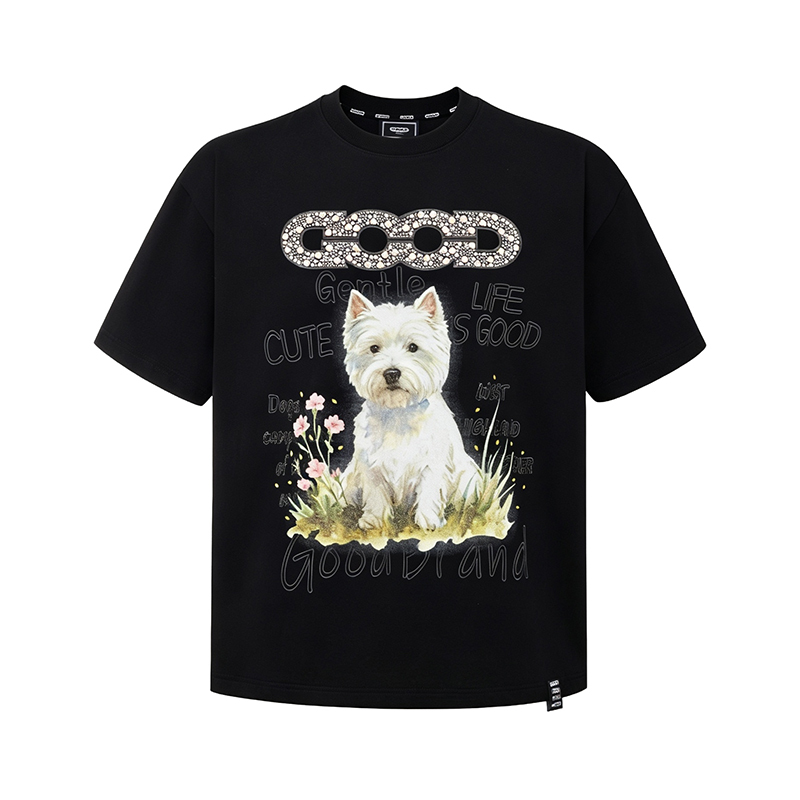 Goodbrand New Floral and Puppy Glitter Rhinestone Light Luxury High-End Short-Sleeve T-Shirt, Unisex Trendy Style