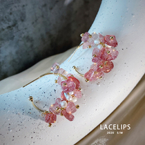 LACELIPS natural pearl pomegranate pink crystal winding earrings Super fairy air broken crystal sweet earrings