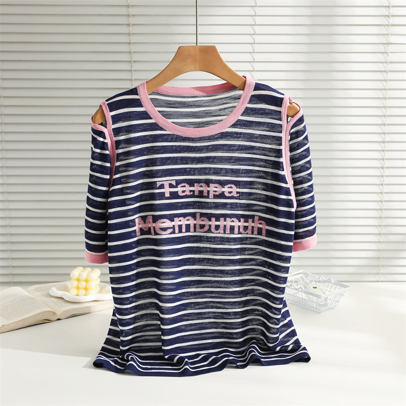 韩系减龄宽松短袖圆领肩镂空撞色条纹竹节麻针织衫T恤2026夏季女