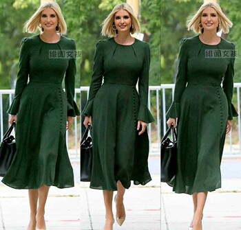 Ivanka's same dress 2025 autumn fashionable long-sleeved ruffled sleeve dress mid-length dress lady white-collar ol