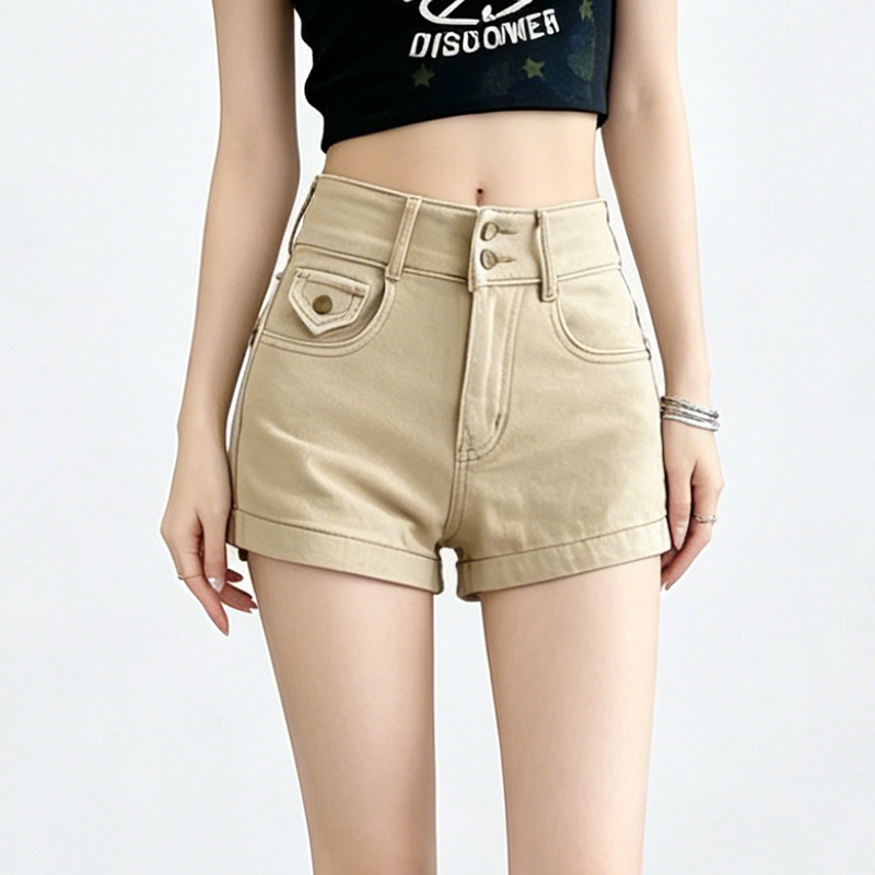 Khaki Workwear Slim-Fit Denim Shorts for Women, Summer 2026, Thin A-Line Style, Ultra-Short Three-Quarter Hot Pants