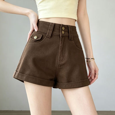 Super hot coffee-colored double-button denim shorts for women 2026 summer, thin, high-waisted, curved-edge A-line three-point hot pants