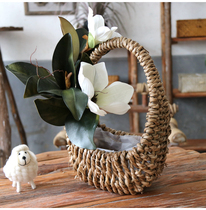 Natural grass woven flower basket portable flower basket flower vase storage basket decoration pastoral flower arrangement Blue