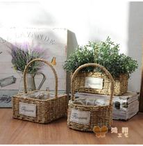 Hand-made flower simulation flower long hand-held cloth basket natural plant Straw flower basket hanging basket storage basket