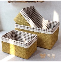 Pastoral wind sea grass woven storage basket pure handmade Nordic style cotton and linen plaid fabric storage basket finishing box
