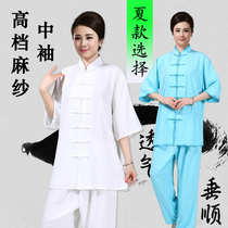 Men and women Summer sleeve tai ji fu cotton linen yarn collar in short-sleeved mian jia si practice elderly tai chi gym clothes