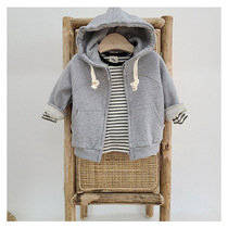 South Korean childrens clothing baby sweatshirt jacket zipped-shirt autumn winter plus suede male and female childrens hat and clothing baby casual cardiff