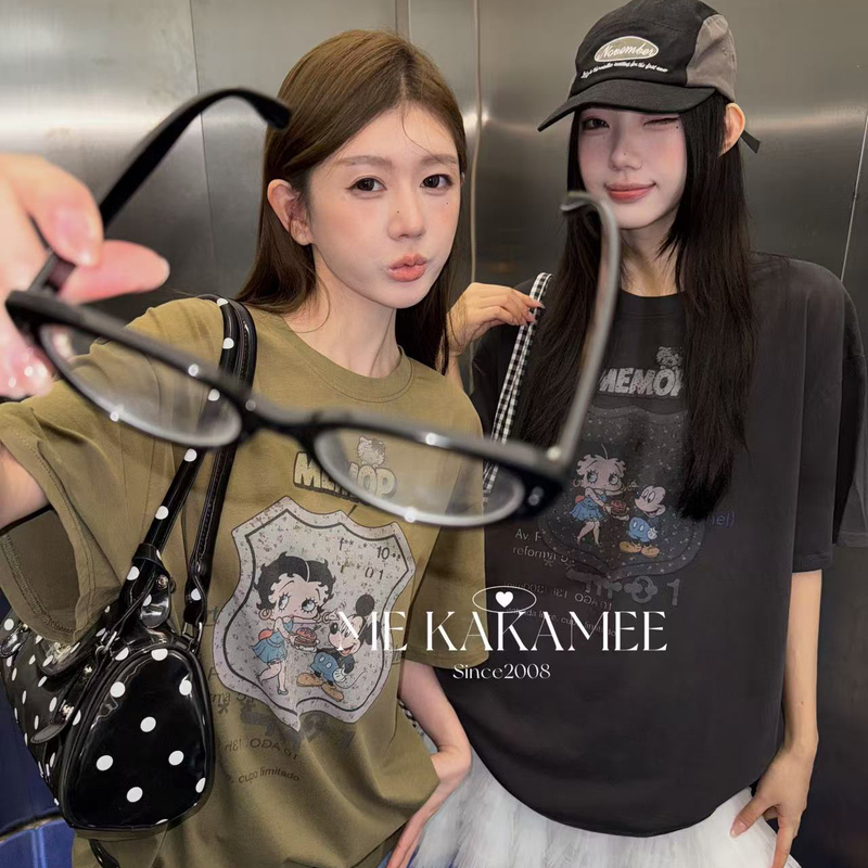 Me Kakamee-Summer New Product Exclusive Washing Process Spray-Painted Betty Mickey Large Version Short-Sleeved T-Shirt 9376