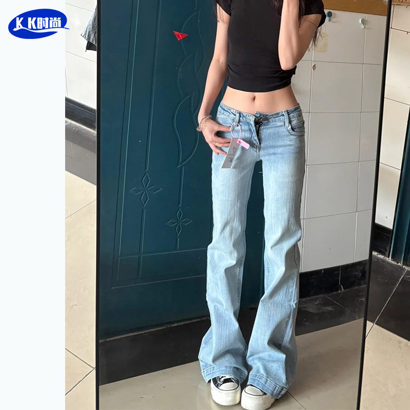 Kk Fashion Retro Bamboo Pattern Flared Jeans for Women 2026 New Low-Waist Sexy Stretchy Slimming Bell-Bottom Pants