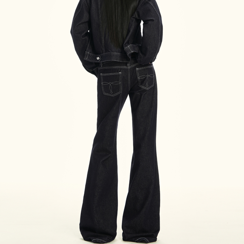 Pkkfm Retro Shoulder-Defining Waist-Cinching Jacket in Raw Denim Color Denim Suit~ Street-Style Embroidered Low-Rise Slimming Flared Pants Pkkfm Retro Shoulder-Defining Waist-Cinching Jacket in Raw Denim Color Denim Suit~ Street-Style Embroidered Low-Rise Slimming Flared Pants
