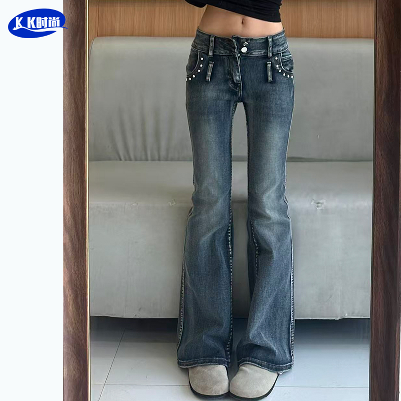 Abje American-Style Flared Jeans for Women~2026 New Low-Waist Double-Button Embroidered Beaded Slim-Fit Bell-Bottom Pants Abje American-Style Flared Jeans for Women~2026 New Low-Waist Double-Button Embroidered Beaded Slim-Fit Bell-Bottom Pants