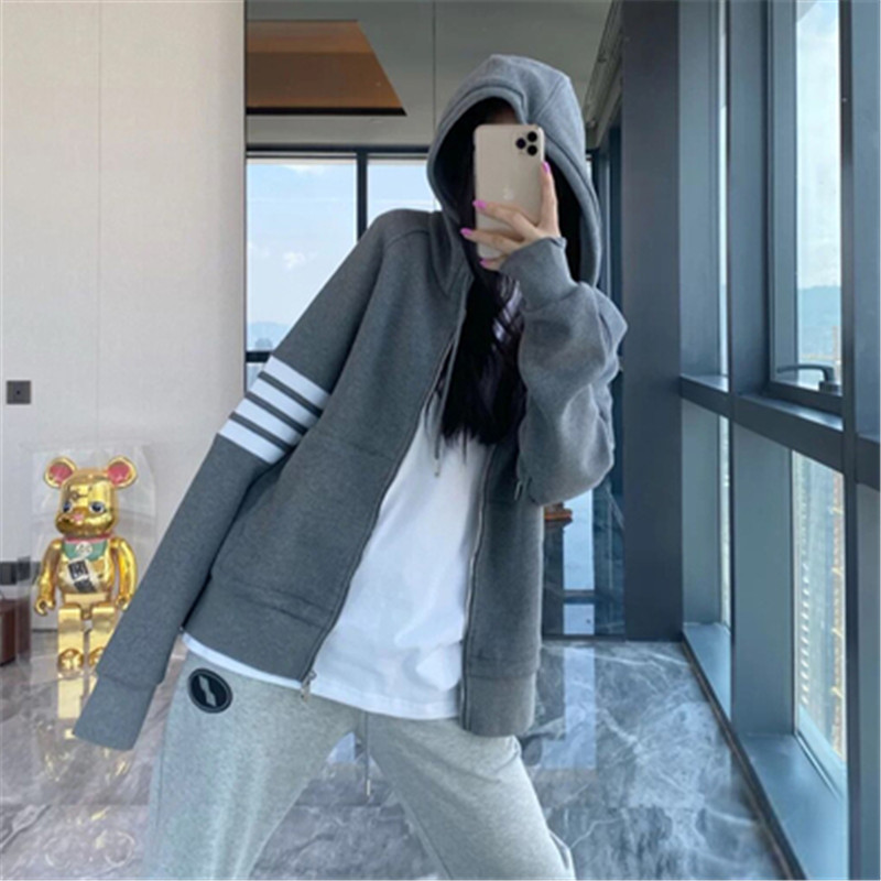 Waffle Thin Spring and Autumn Sweatshirt Zipper Cardigan Loose Four-Stripe Couple Style Hooded Jacket for Women 2026 New Model