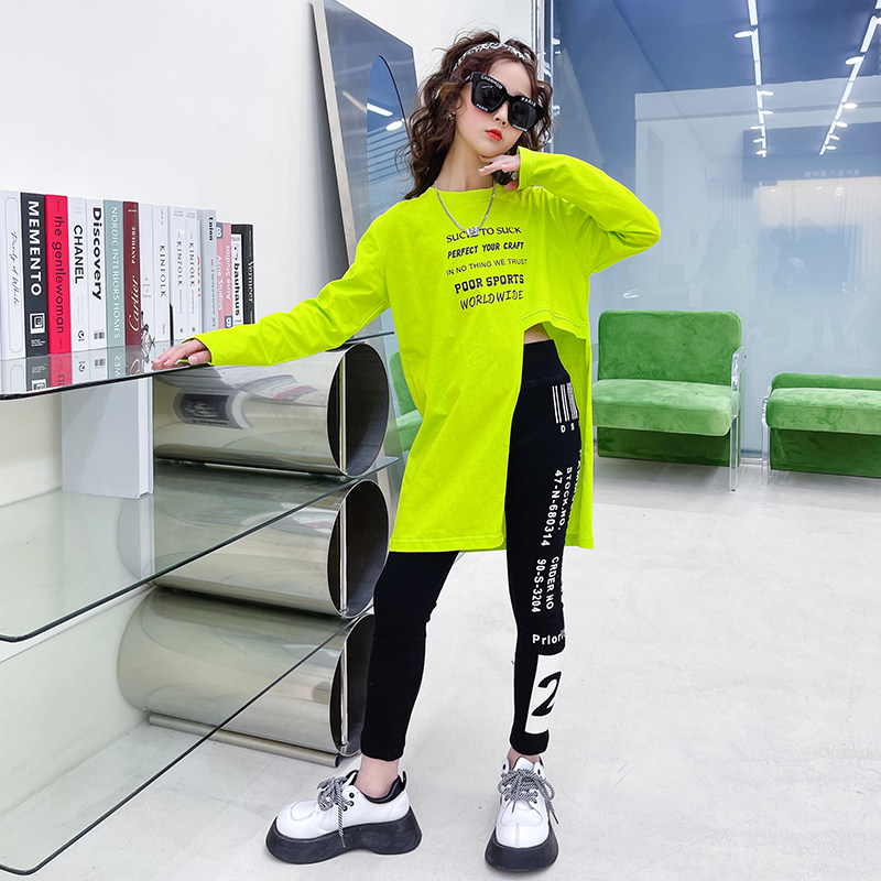 Girls irregular knitting suit 2022 new children loose printing street dance jazz two pieces set